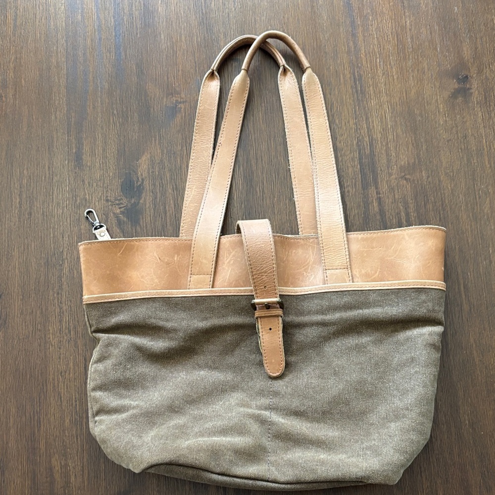 L.L. Bean Khaki Canvas & Leather Shoulder Tote Bag